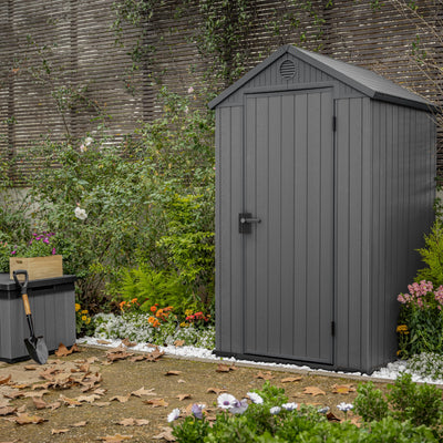 Keter Darwin 4x4 Outdoor Storage Shed - Grey | Small Resin Garden Tool Shed | Wood-Effect Weatherproof Double-Wall with Skylight & Ventilation