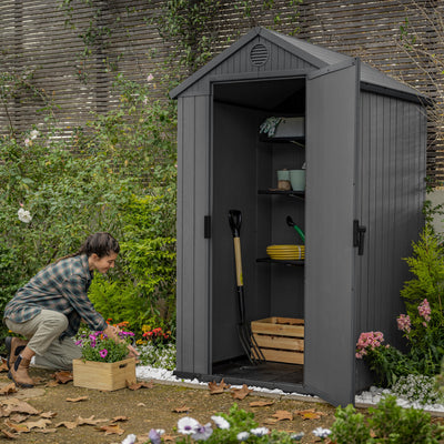 Keter Darwin 4x4 Outdoor Storage Shed - Grey | Small Resin Garden Tool Shed | Wood-Effect Weatherproof Double-Wall with Skylight & Ventilation