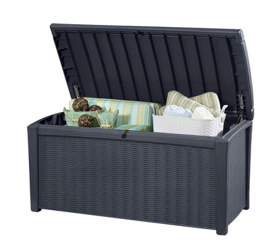 Raised lid of storage box revealing cushions, baskets and piston-assisted hinges