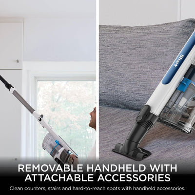 Left: person using the extended wand to clean high surfaces; right: upholstery tool cleaning a grey sofa cushion.