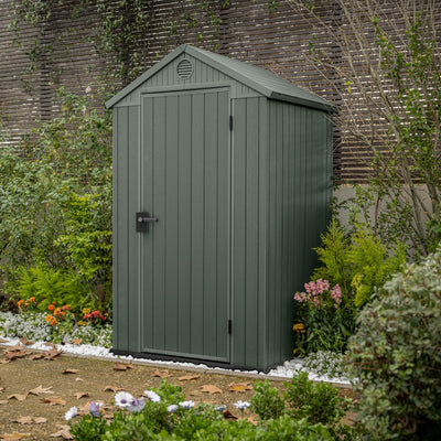 Keter Darwin 4x4 Outdoor Storage Shed - Green | Small Resin Garden Tool Shed | Wood-Effect Weatherproof Double-Wall with Skylight & Ventilation