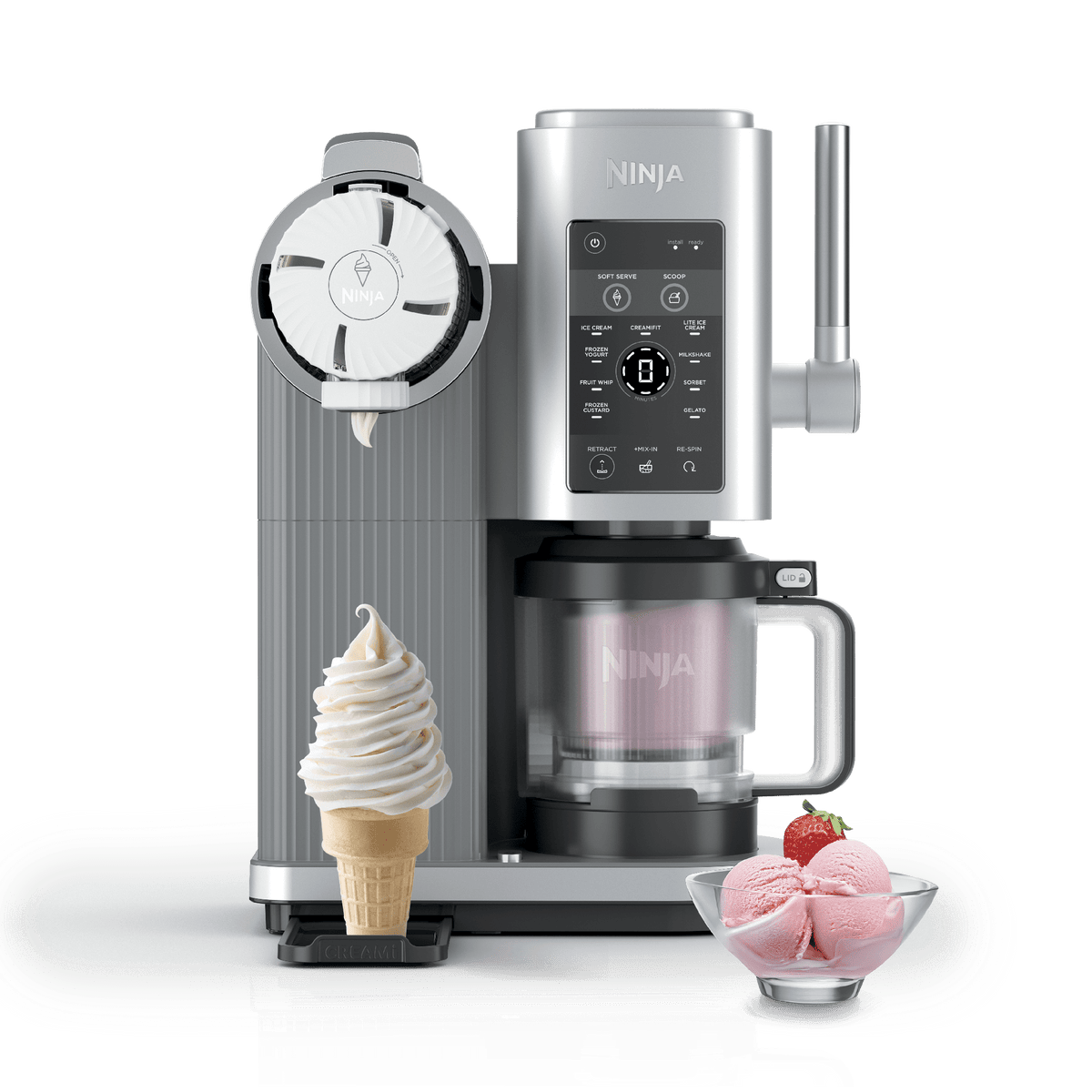 Ninja CREAMi Scoop & Swirl Soft Serve Ice Cream Machine in Platinum Silver with a cone of soft serve and a bowl of ice cream.